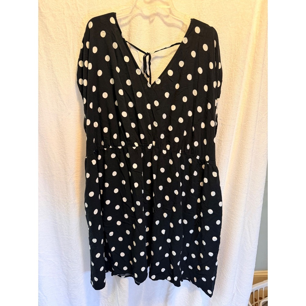 Ava & Viv Womens 3X Polka Dot V-Neck Tie Back Rayon Dress Black White Plus Size